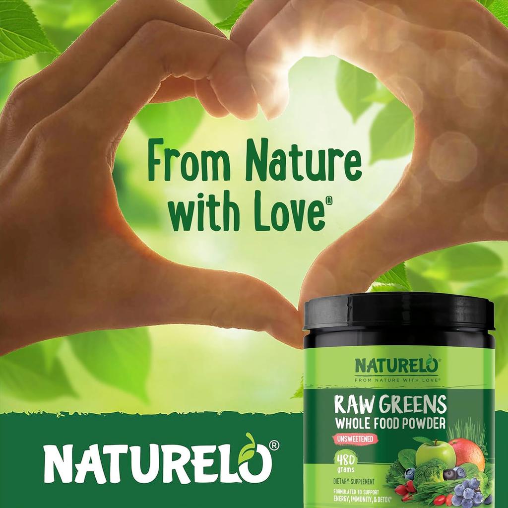 Naturelo Raw Greens Powder with Grasses, Probiotics &amp; Superfoods, Vegan, 60 Servings, Boost Immunity &amp; Energy, Unsweetened