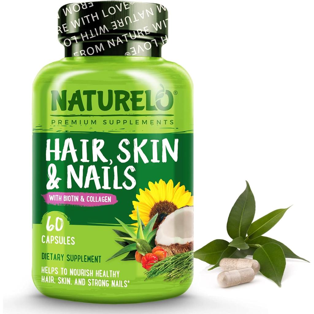 Naturelo Hair Skin Nails Supplement with Biotin, Vitamin C, Collagen for healthy hair growth, radiant skin, strong nails.
