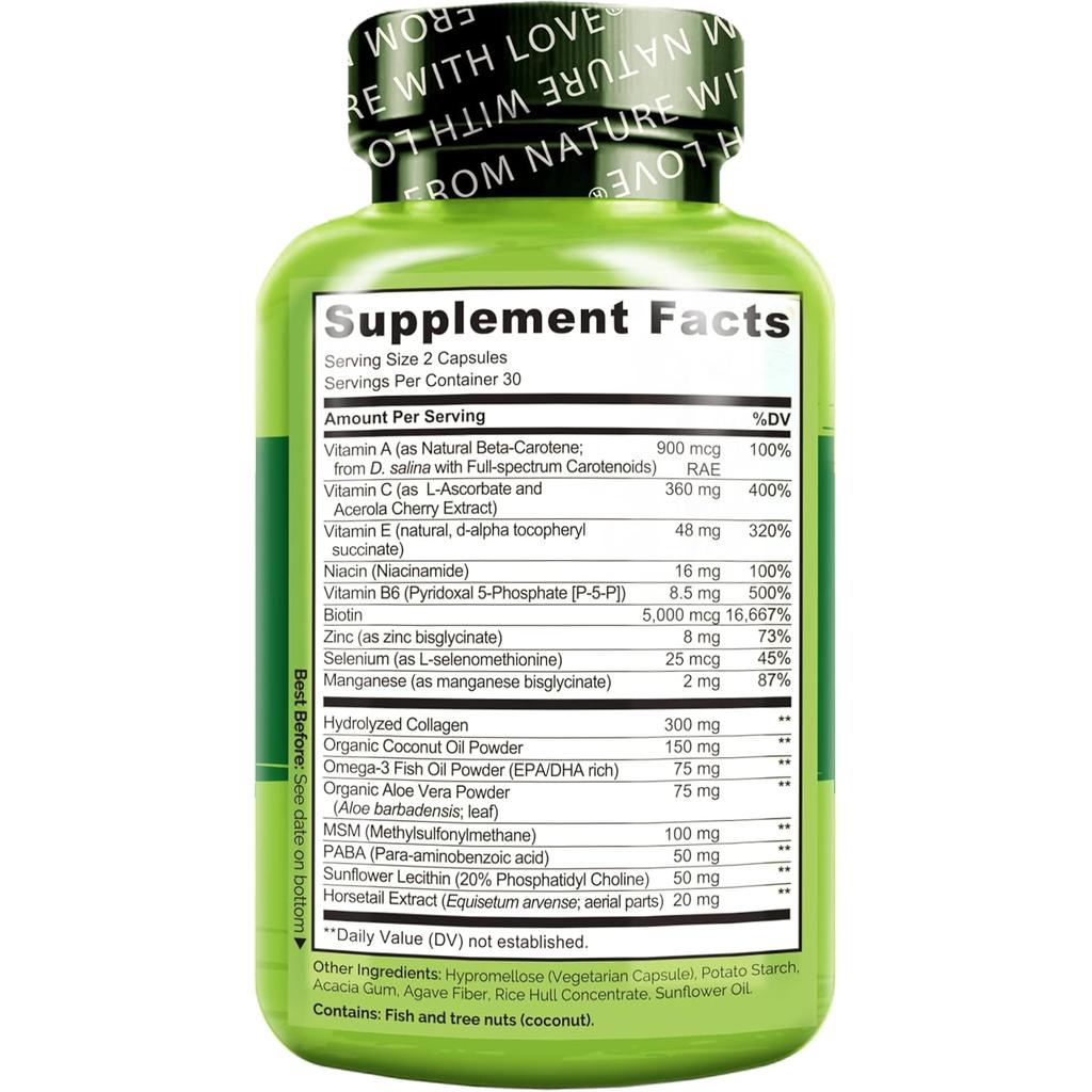 Naturelo Hair Skin Nails supplement with Biotin, Vitamin C, Collagen for beauty support, image 3.