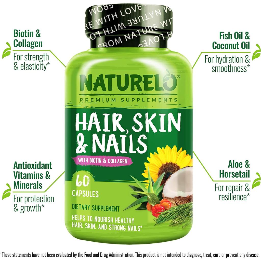 Naturelo hair skin nails supplement with biotin, vitamin C, and collagen for beauty support, image 4.