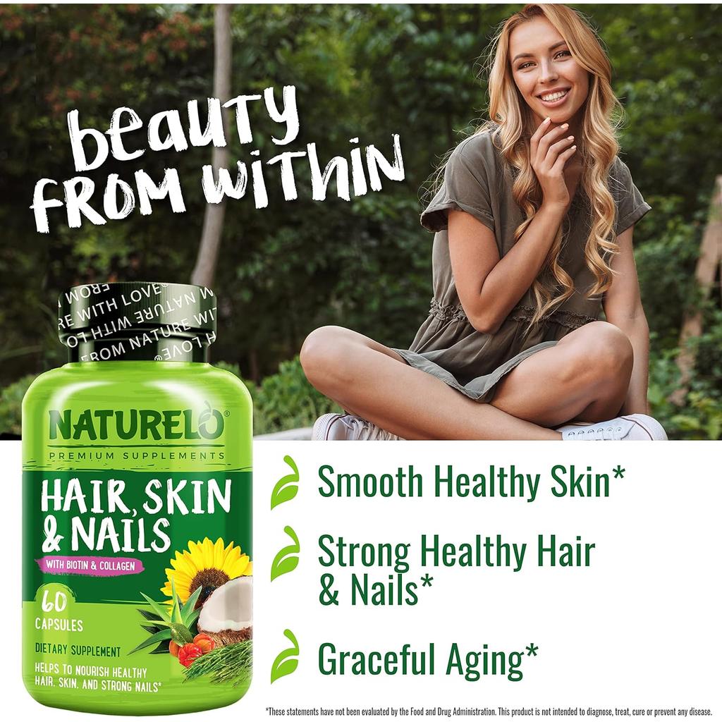 Naturelo Hair Skin Nails supplement with biotin, vitamin C, collagen for healthy glow and strong nails - image 9.