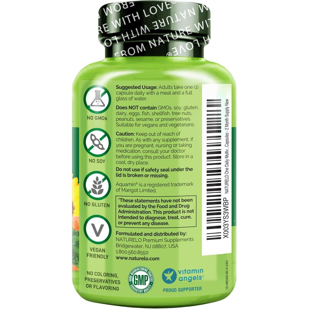 Naturelo One Daily Multivitamin for Men 50+ with Biotin D3, Energy Immunity Support, Vegan, GMO Free, Gluten Free
