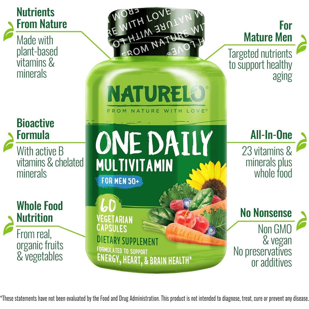 Naturelo multivitamin for men 50+, boosts energy, immunity, muscle function, with biotin, D3, plant-based nutrients, vegan.