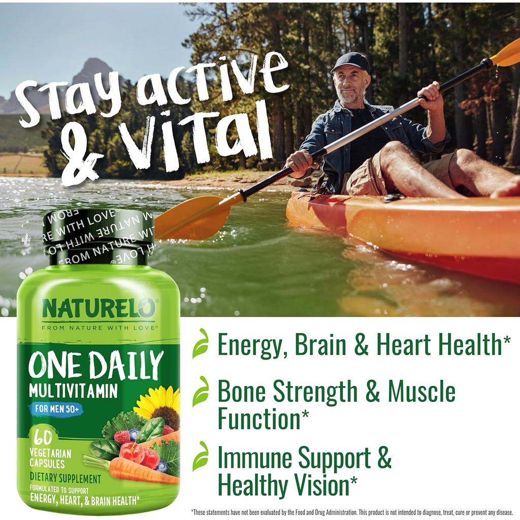 Naturelo One Daily Multivitamin for Men 50+ with Biotin, D3; Supports Energy, Immunity; Vegan, GMO-Free; Image 9.
