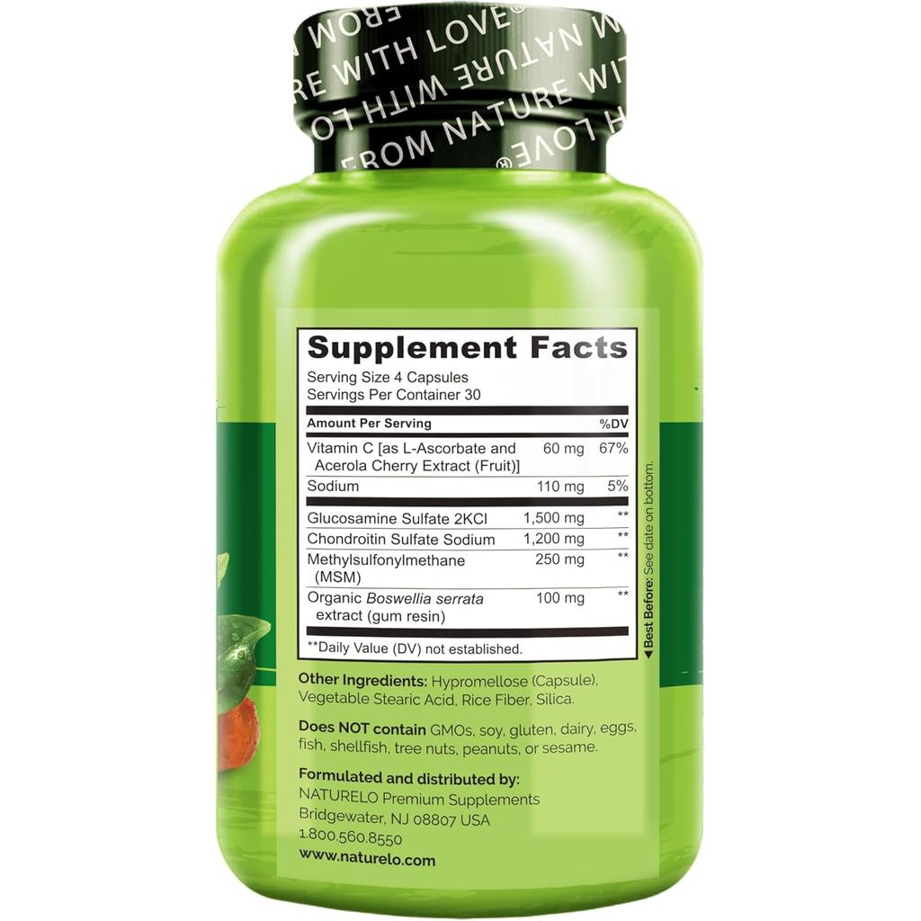 Naturelo Glucosamine Chondroitin MSM Boswellia Vitamin C for Joint Support and Flexibility Supplement Image 3