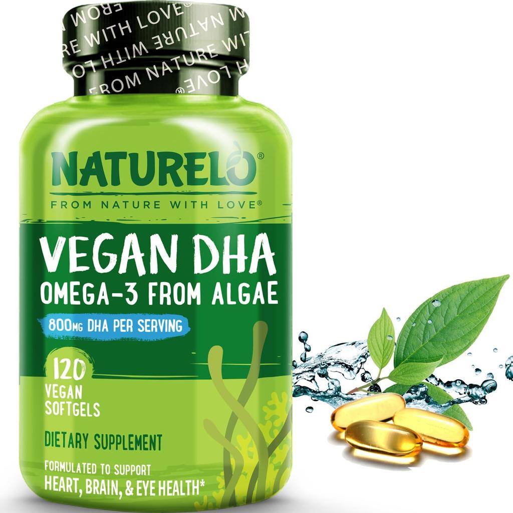 Naturelo Vegan DHA Omega-3 Oil from Algae, 800mg Pure DHA, Supports Brain and Heart Health, Plant-Based Supplement