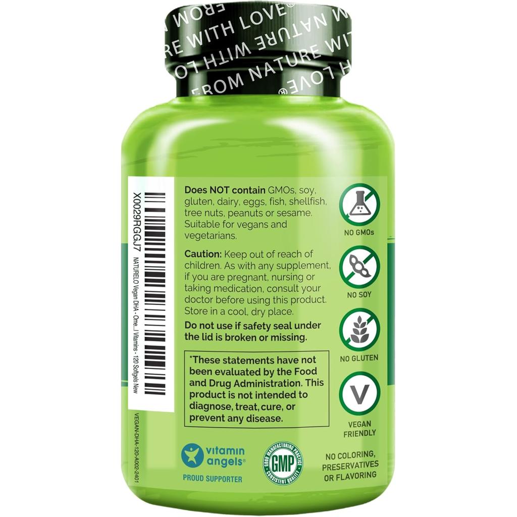 Naturelo vegan DHA omega-3 algae oil 800mg, pure plant-based DHA supplement, supports brain and eye health. Image 2.