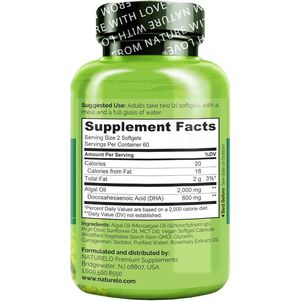Naturelo Vegan DHA Omega-3 Oil from Algae 800mg Pure DHA, plant-based supplement for brain and heart health, Image 3.