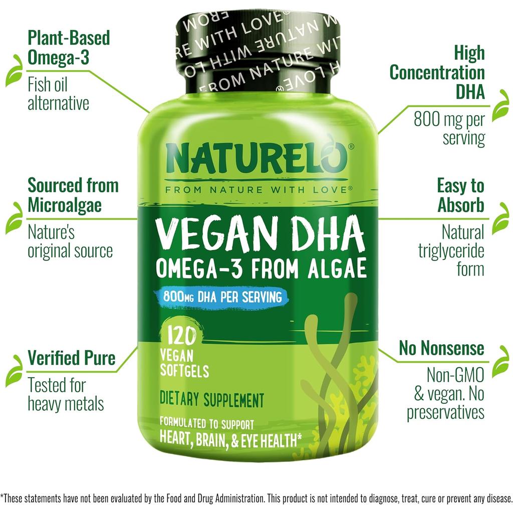 Naturelo Vegan DHA Omega-3 Oil from Algae, 800mg Pure DHA, Heart &amp; Brain Health Supplement, Image 4