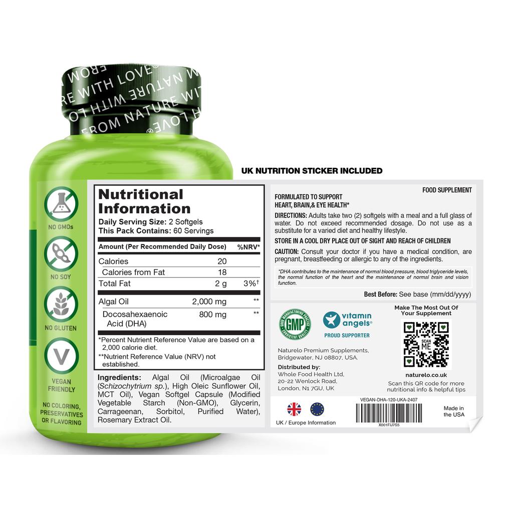Naturelo Vegan DHA Omega-3 Oil from Algae, 800mg Pure DHA, supports brain and heart health, vegan-friendly supplement.