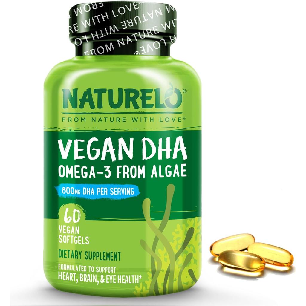 Naturelo vegan DHA omega-3 oil from algae, 800mg pure DHA, plant-based brain support, heart health, sustainable supplement