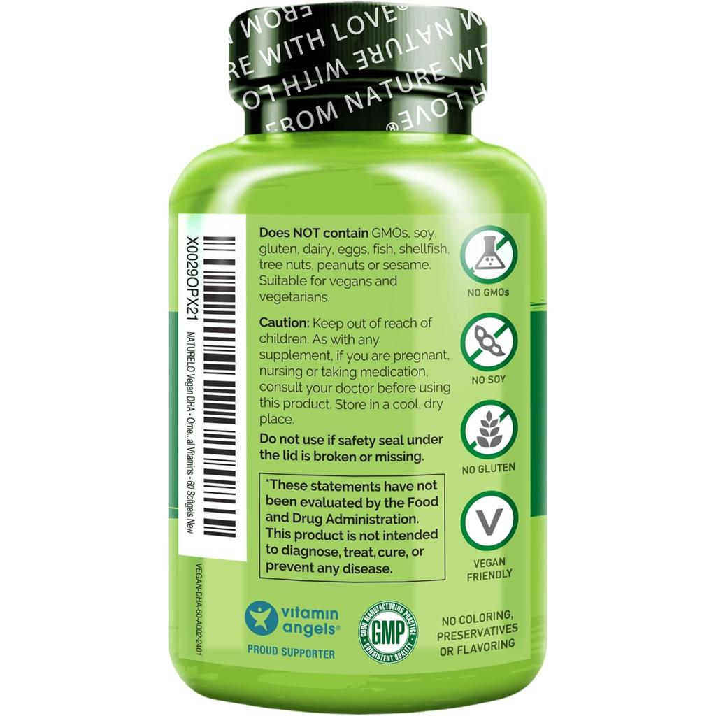 Naturelo Vegan DHA Omega-3 Oil from Algae, 800mg Pure DHA, Heart and Brain Health Supplement, Image 2