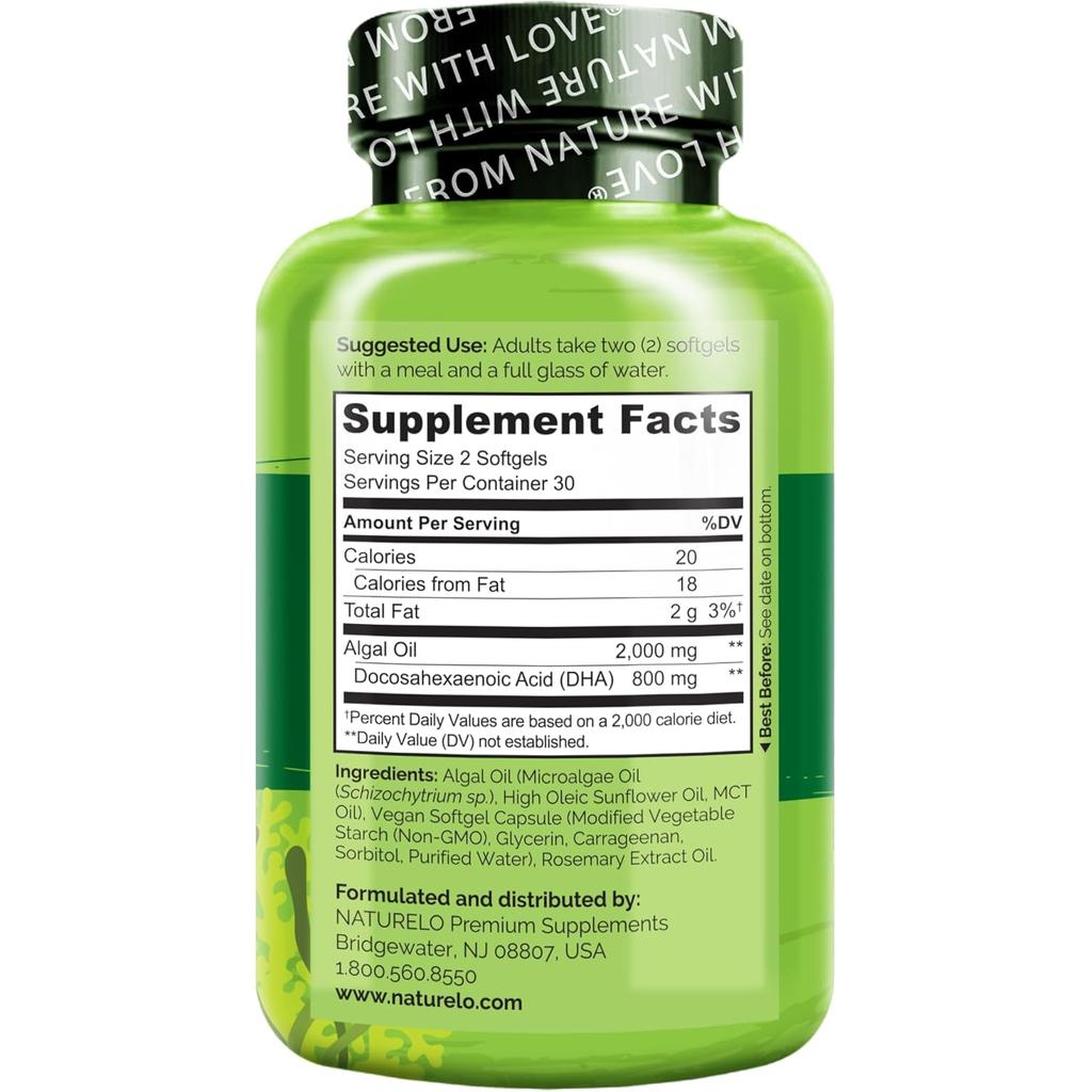 Naturelo Vegan DHA Omega-3 Oil from Algae, 800mg Pure DHA, Supports Brain &amp; Heart Health, Image 3