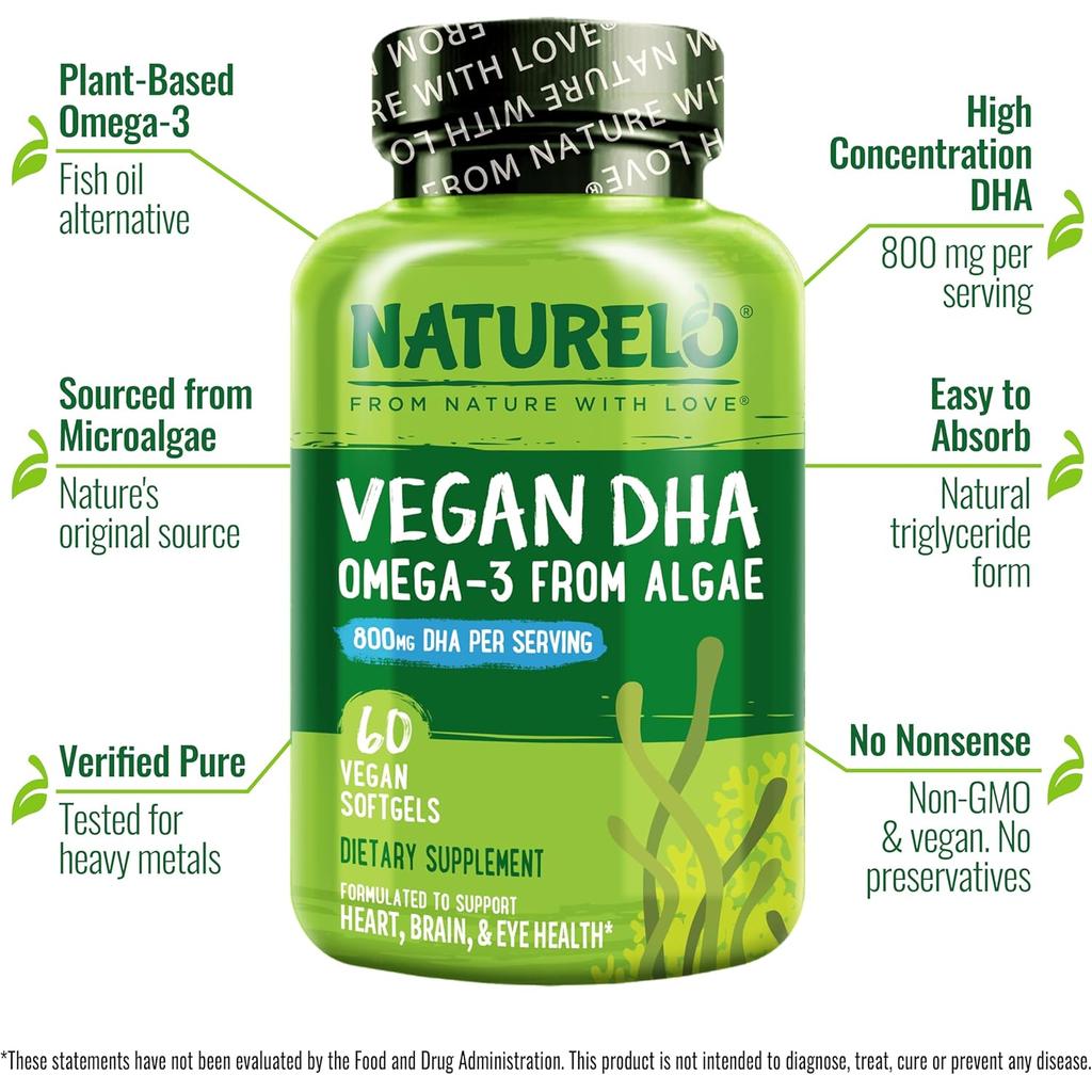 Naturelo Vegan DHA Omega-3 Oil, 800mg Pure DHA from Algae, Heart &amp; Brain Health Supplement, Image 4