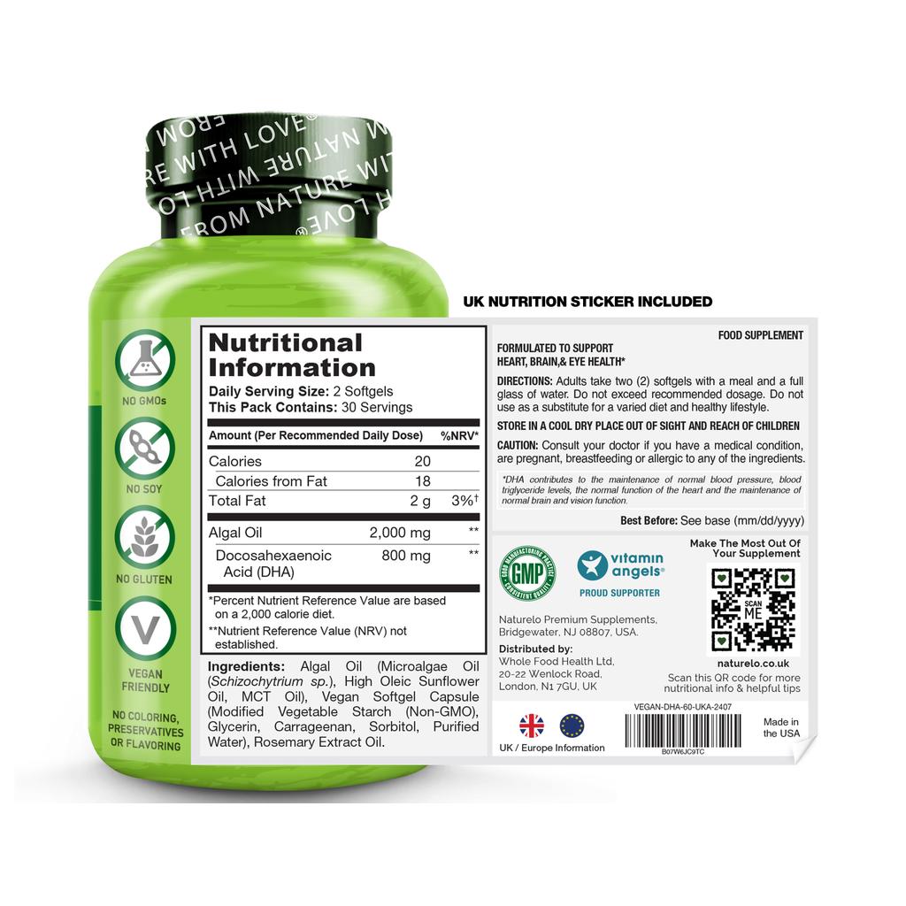 Naturelo Vegan DHA Omega-3 Oil from Algae, 800mg Pure DHA, Supports Brain &amp; Heart Health, Sustainable Source, Image 8