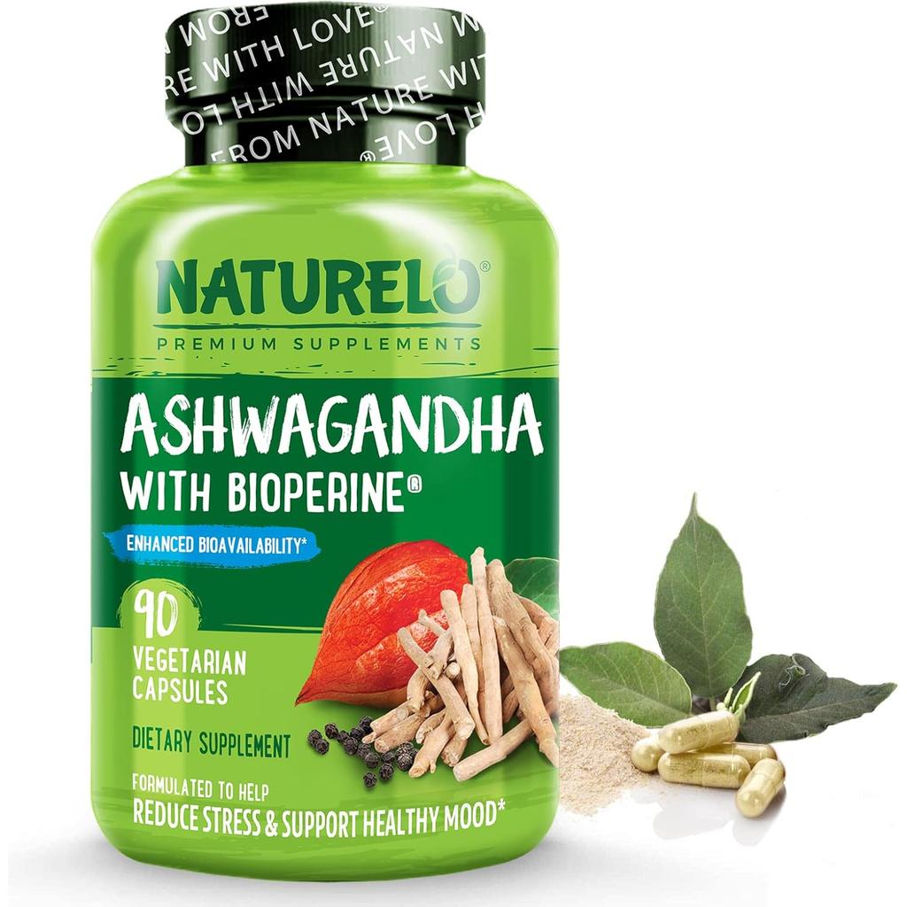 Naturelo Ashwagandha Root with Black Pepper, 600mg Capsules, Pure Herbal Supplement for Stress Relief and Absorption