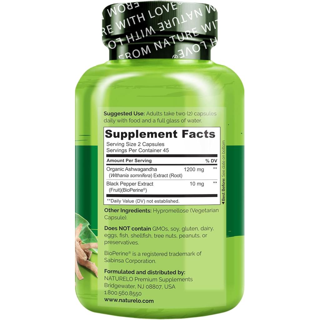 Naturelo Ashwagandha Root with Black Pepper, 600mg capsules, boosts absorption, natural stress relief, clean ingredients.