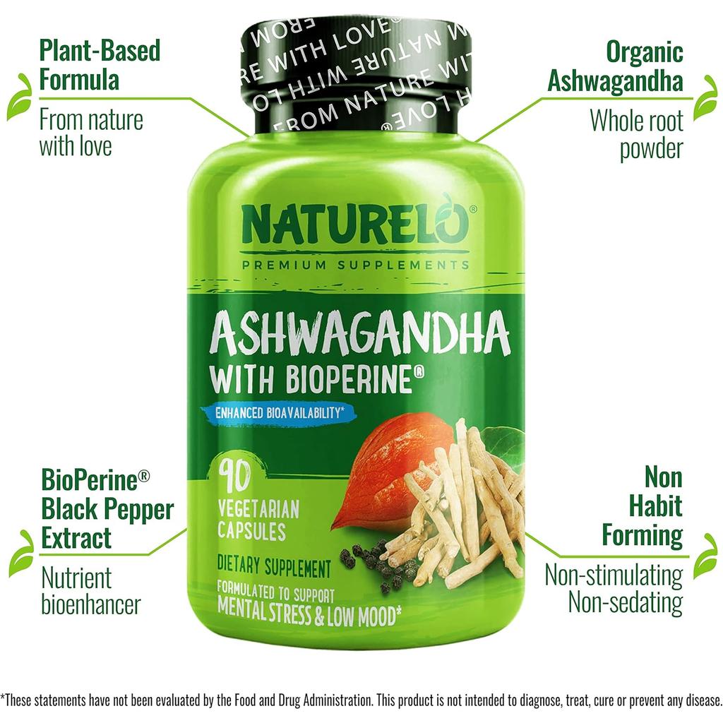 Naturelo Ashwagandha Root Capsules with Black Pepper for Enhanced Absorption, Pure Herbal Supplement, 1200mg Serving, Image 5