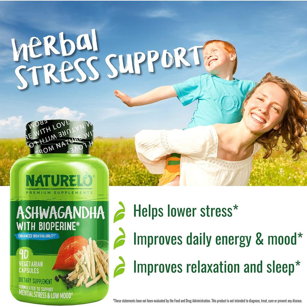 Naturelo Ashwagandha Root Capsules with Black Pepper for Enhanced Absorption - Pure Herbal Supplement, 1200mg Serving