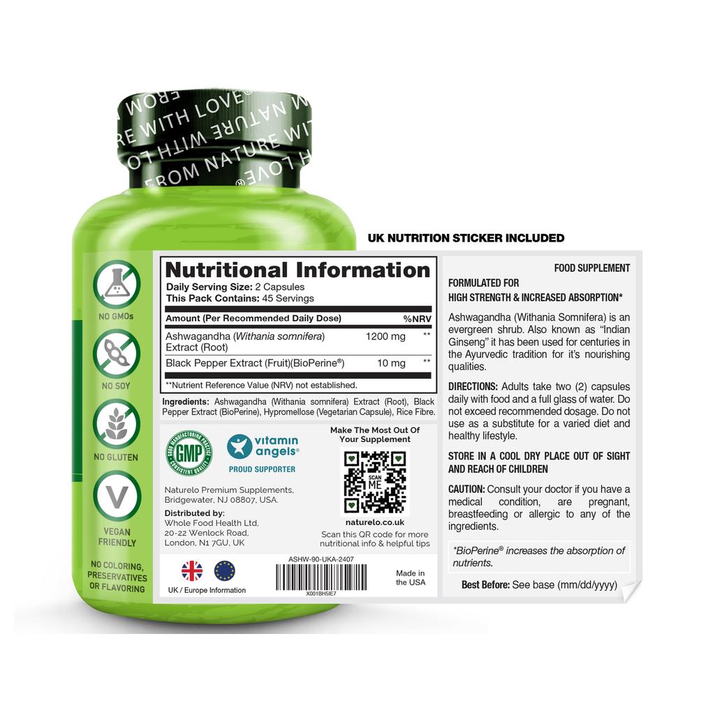Naturelo Ashwagandha Root with Black Pepper, natural stress relief, 600mg capsules, enhanced absorption, clean ingredients.
