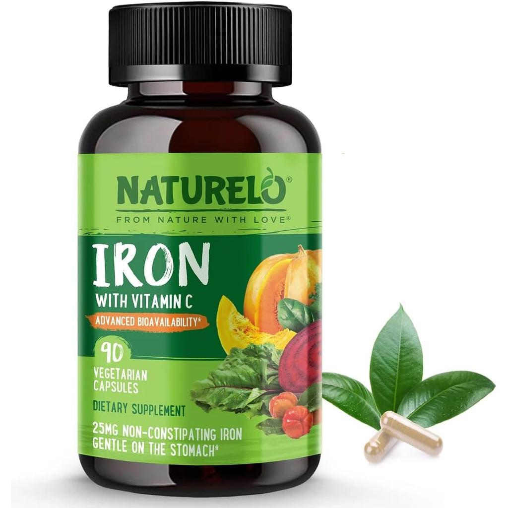 Naturelo Vegan Iron Supplement with Vitamin C, boost energy and support immunity, plant-based iron for better absorption.