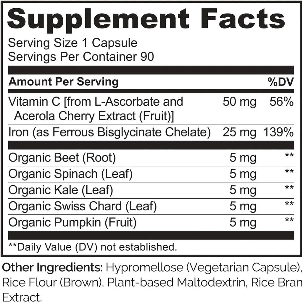 Naturelo vegan iron supplement with vitamin C, boosts energy and supports immunity, plant-based iron pills.