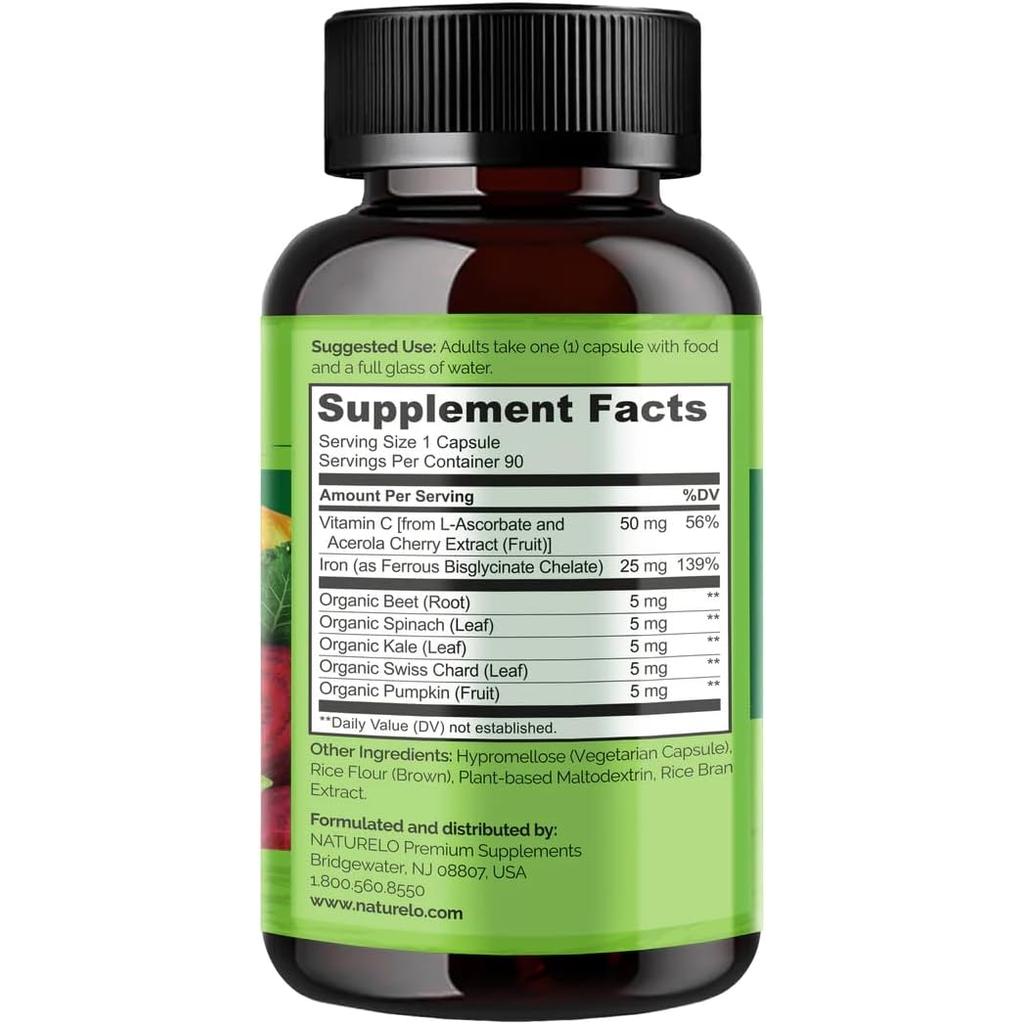 Naturelo Vegan Iron Supplement with Vitamin C, boosts energy, supports immunity, plant-based, image 4.