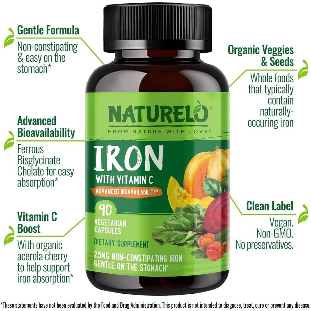 Naturelo vegan iron supplement with Vitamin C for improved energy and anemia support, plant-based nutrient-rich capsules.