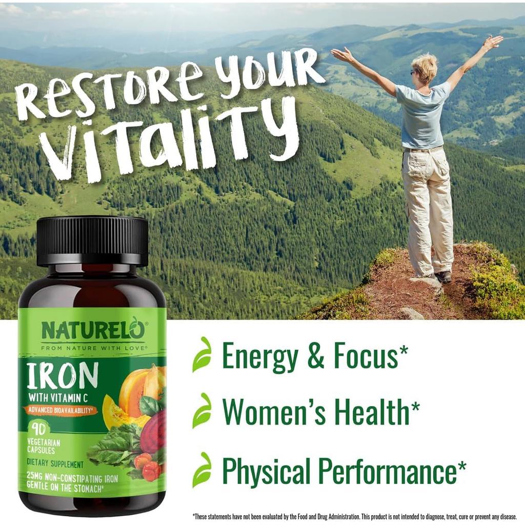 Naturelo vegan iron supplement with vitamin C, boosts energy and supports immunity, image 8.