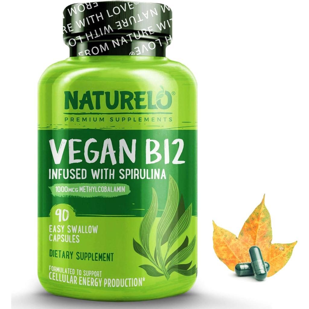Naturelo Vegan B12 with Spirulina Supplement for Energy Boost and Cognitive Support, Plant-Based Vitamin, Image 1
