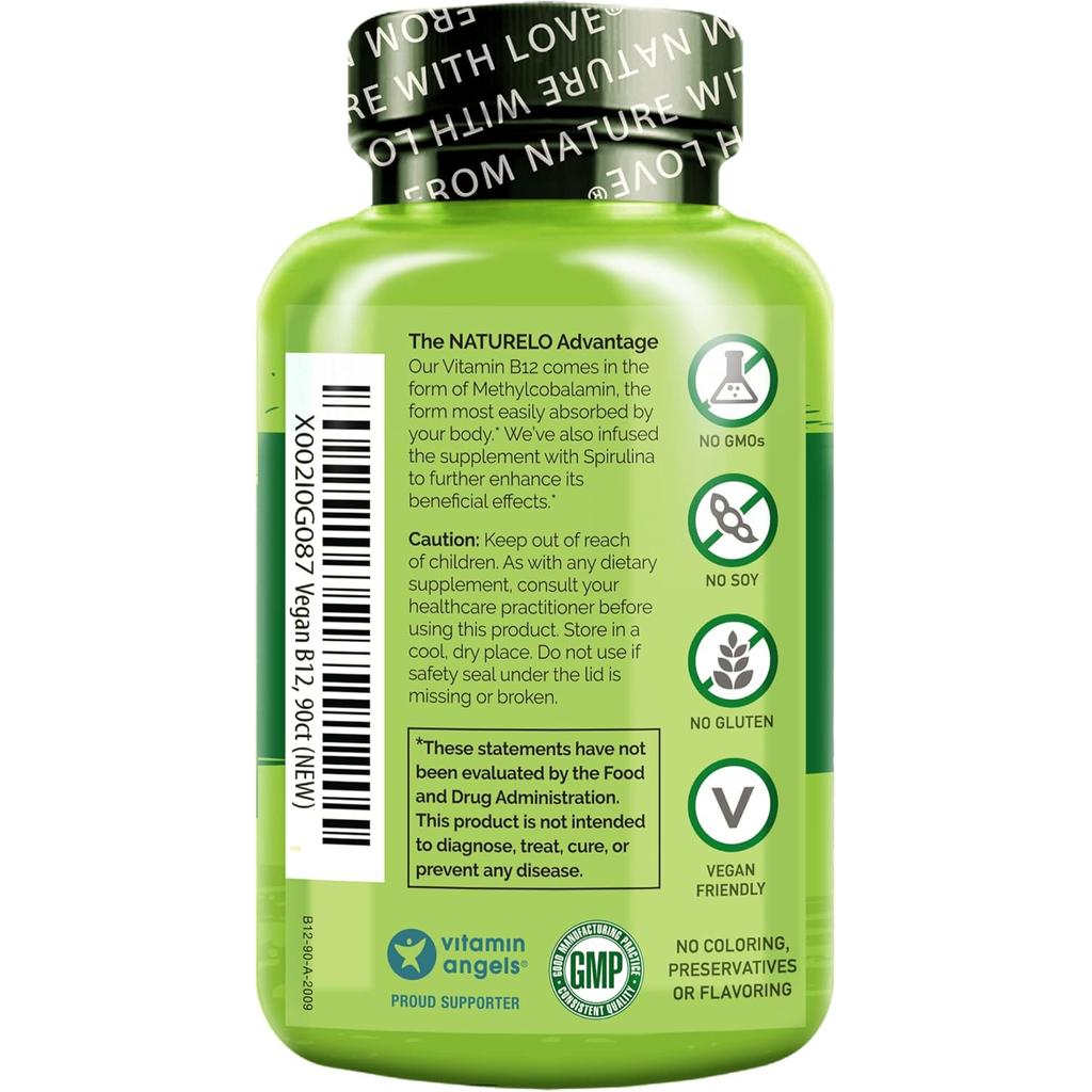 Naturelo Vegan B12 with Spirulina Supplement, Boost Energy &amp; Immunity, Plant-Based B12 Vitamin, Image 2