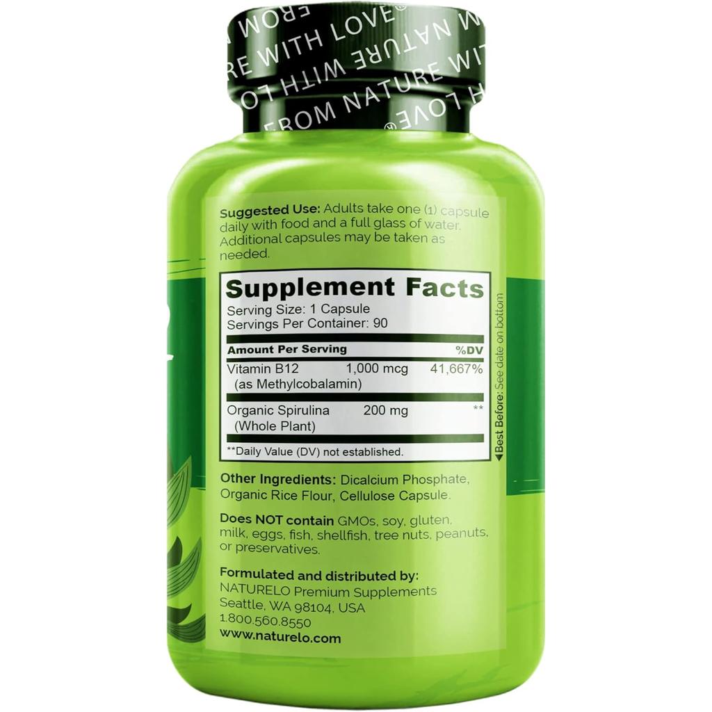 Naturelo Vegan B12 with Spirulina, boosts energy and supports metabolism, plant-based vitamin supplement, image 3.