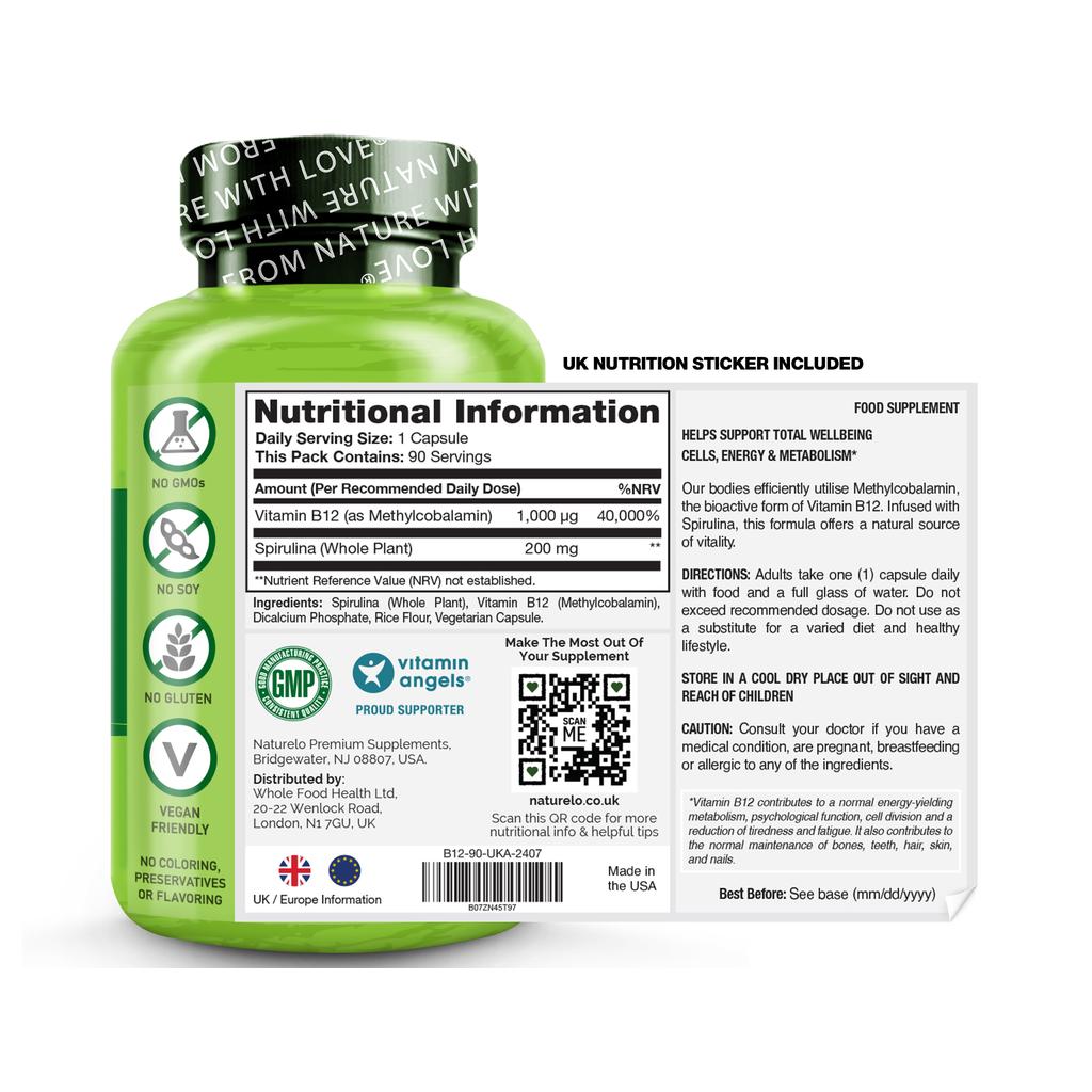 Naturelo vegan B12 with spirulina supplement, boosts energy, supports metabolism, image 8.