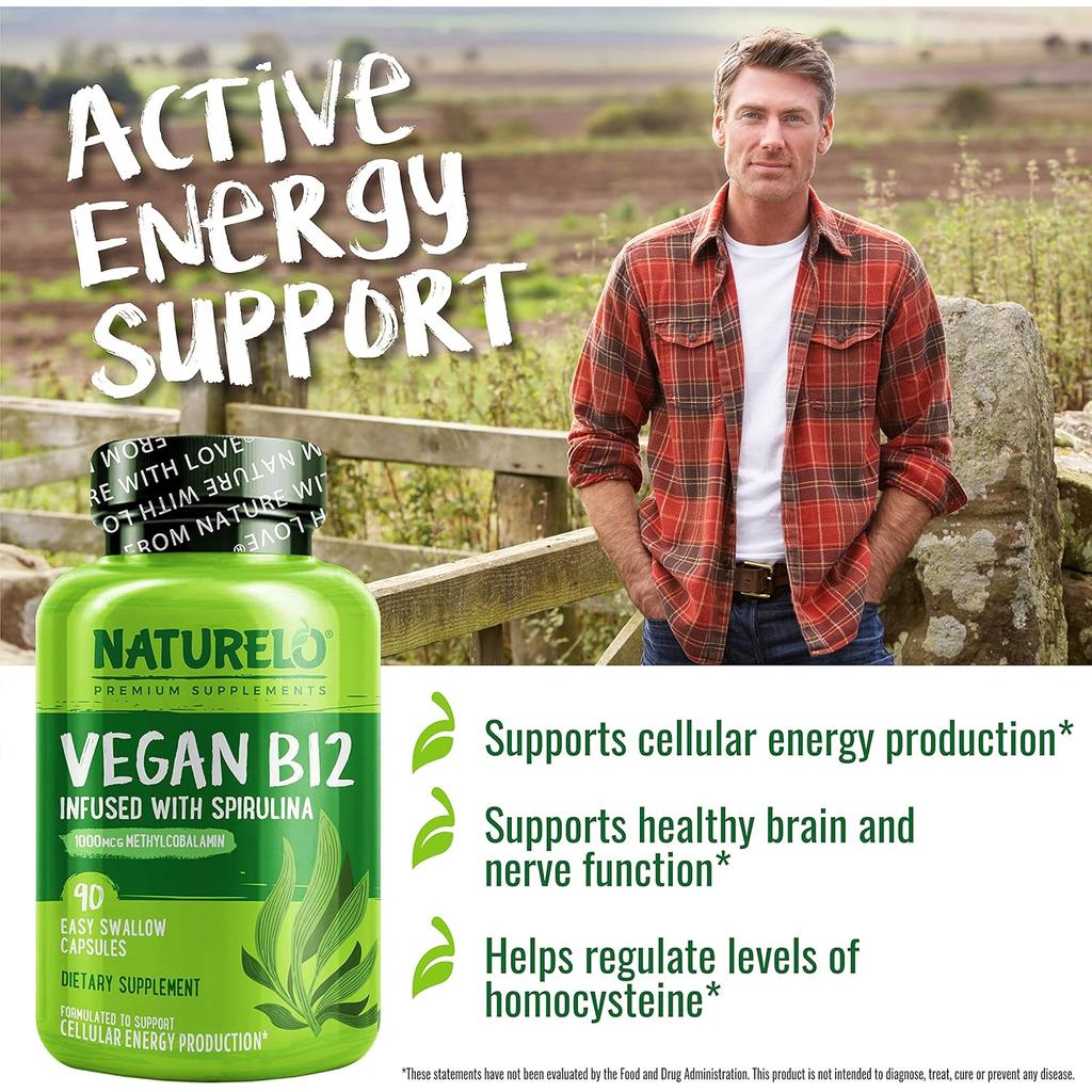 Naturelo Vegan B12 with Spirulina, energy boost, immune support, plant-based vitamin supplement, image 9.