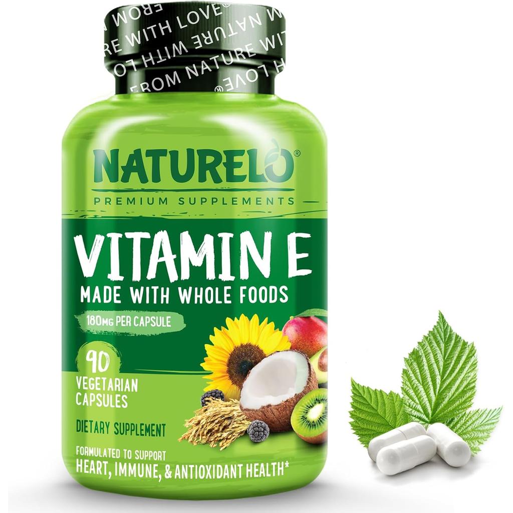 Naturelo Vitamin E with Mixed Tocopherols; coconut, sunflower, rice bran benefits; antioxidant skin health support.