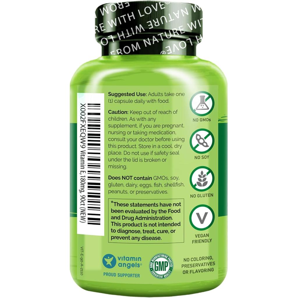 Naturelo Vitamin E with Mixed Tocopherols from Coconut, Sunflower, Rice Bran for Antioxidant Support, 90 Softgels