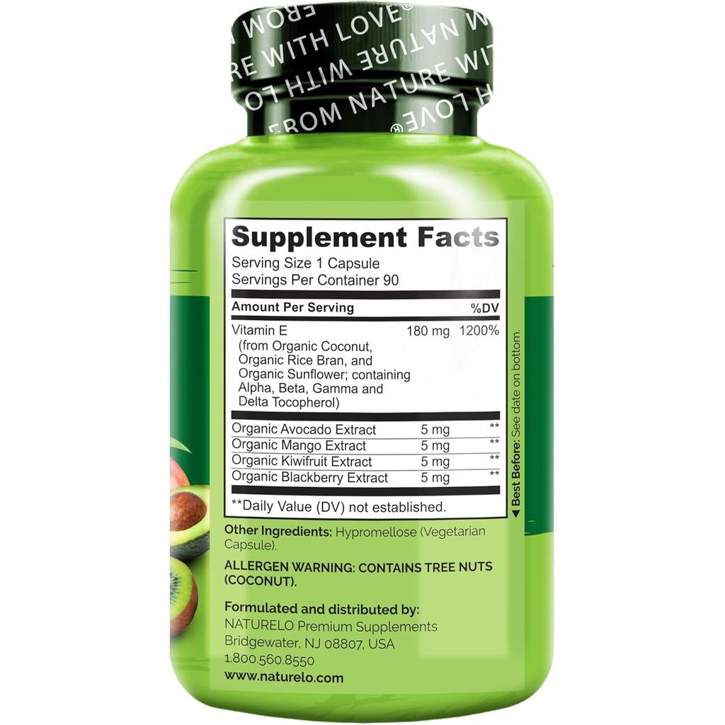 Naturelo Vitamin E with Mixed Tocopherols from Coconut, Sunflower, Rice Bran - Antioxidant Support, Skin Health Supplement Im
