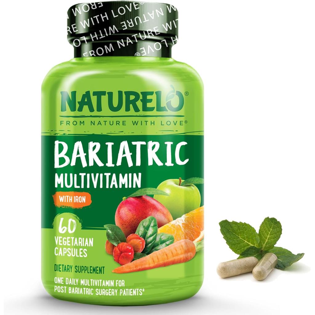 Naturelo Bariatric Multivitamin with Natural Vitamins, Fruit Extracts, Extra Iron for post-surgery weight loss support.