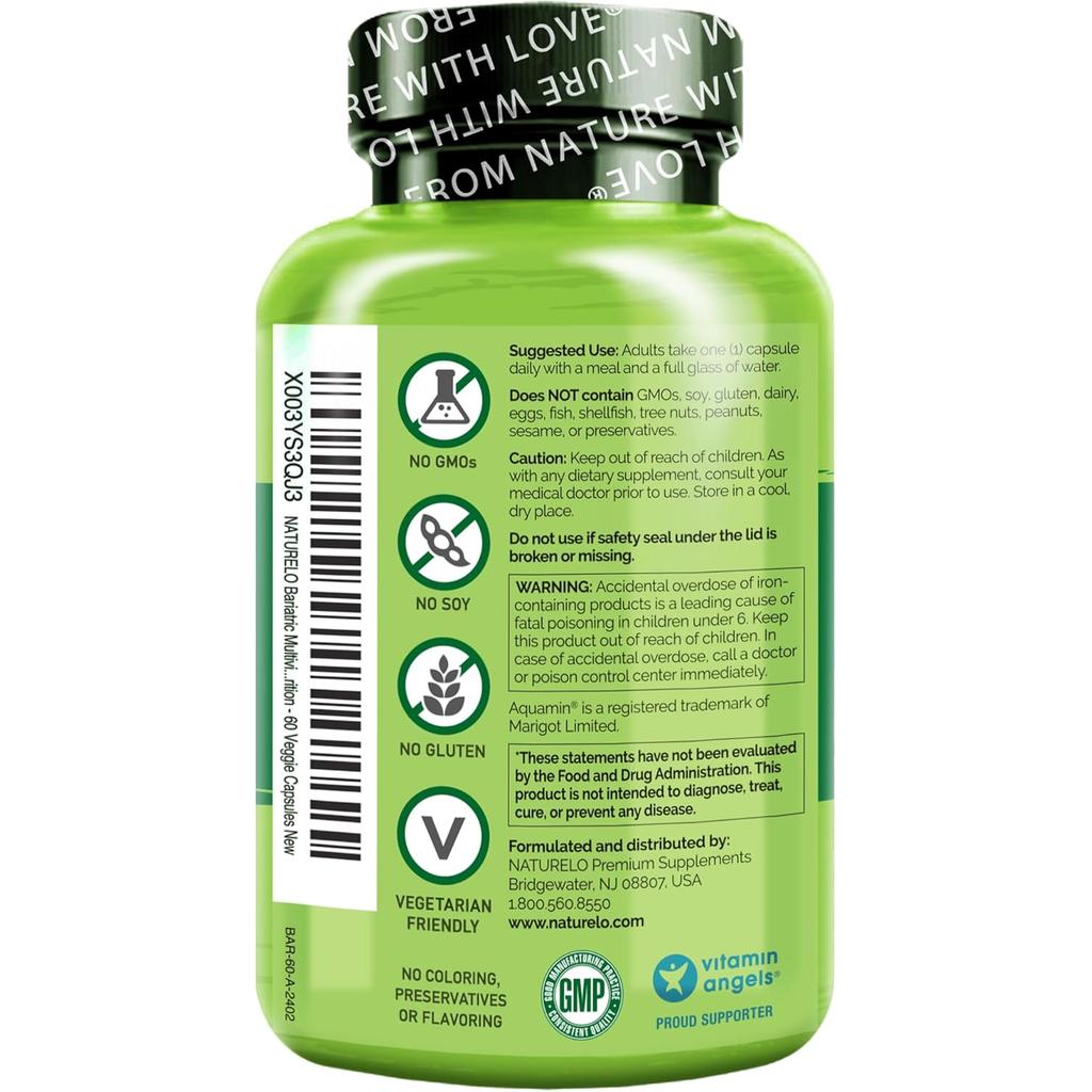 Naturelo bariatric multivitamin with fruit extracts, extra iron, post-surgery nutrition, one daily dose, gluten-free.