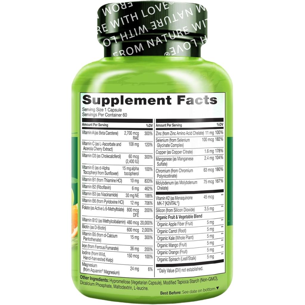 Naturelo Bariatric Multivitamin with Natural Fruit Extracts, Extra Iron for Post-Surgery Nutrition, Gluten-Free