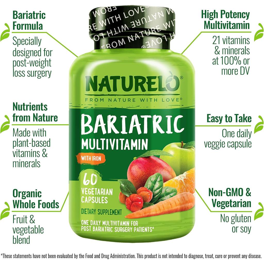 Naturelo bariatric multivitamin with fruit extracts, extra iron, post-surgery support, one-a-day capsule, premium quality.