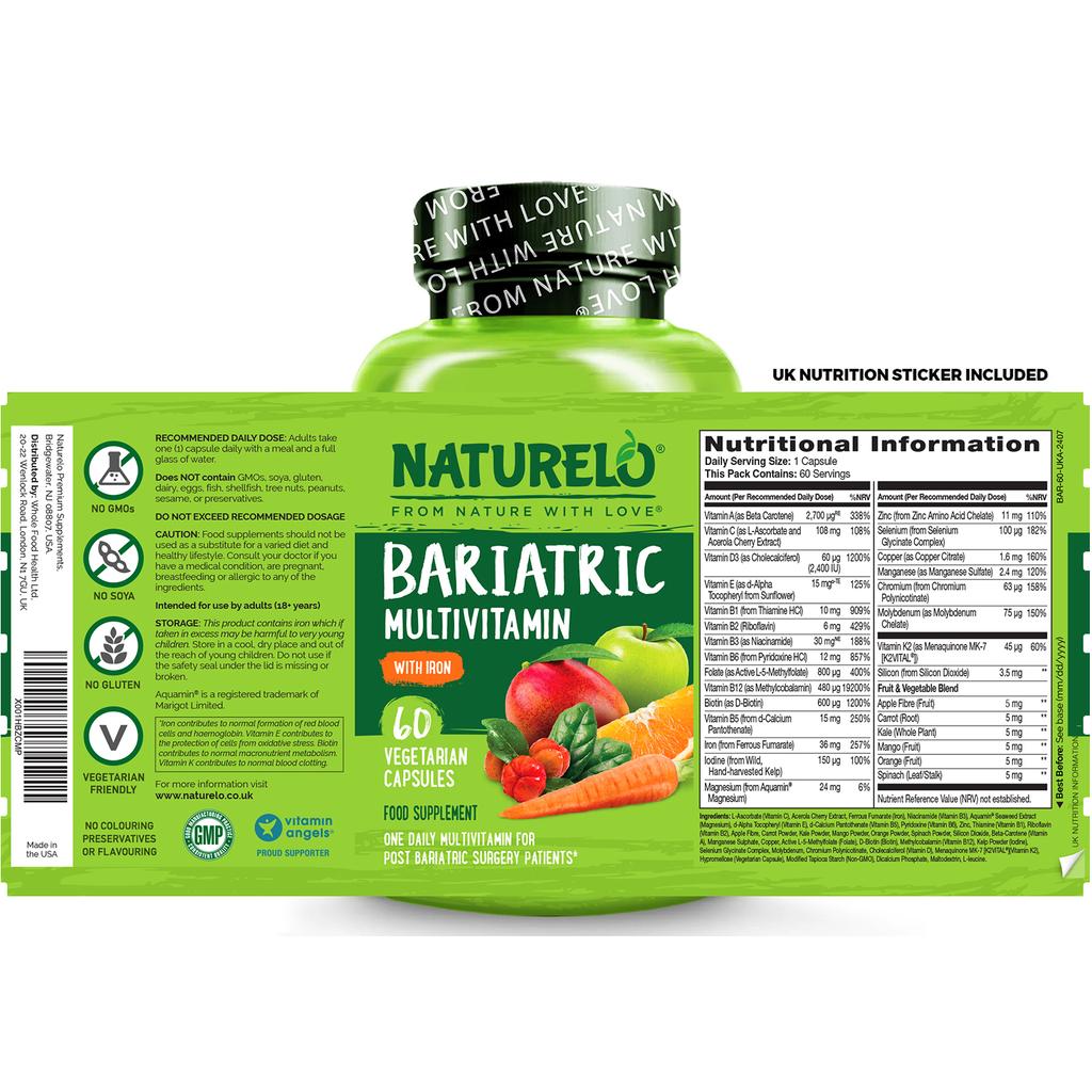 Naturelo bariatric multivitamin with fruit extracts, extra iron; post-surgery nutrition, one capsule daily, vegetarian.