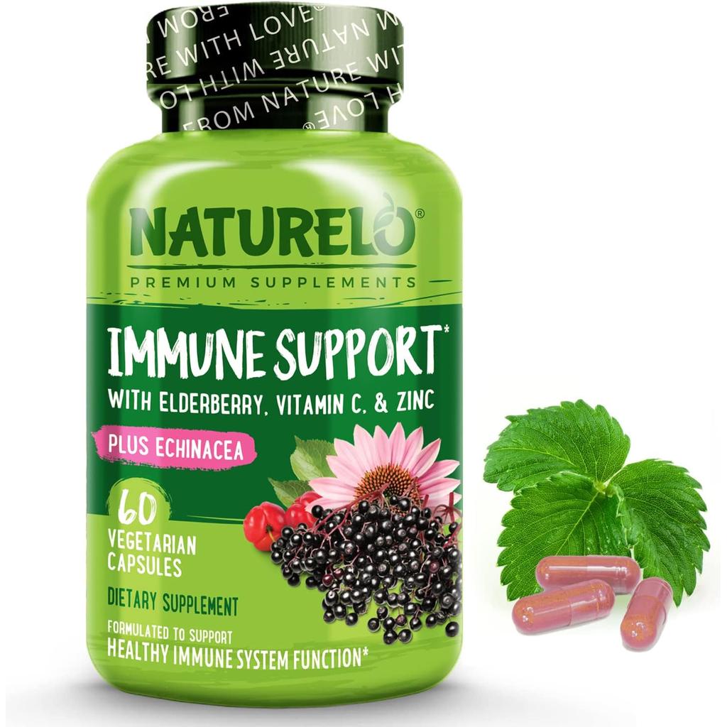 Naturelo Immunity Support supplement with elderberry, echinacea, and vitamin C for enhanced immune health.