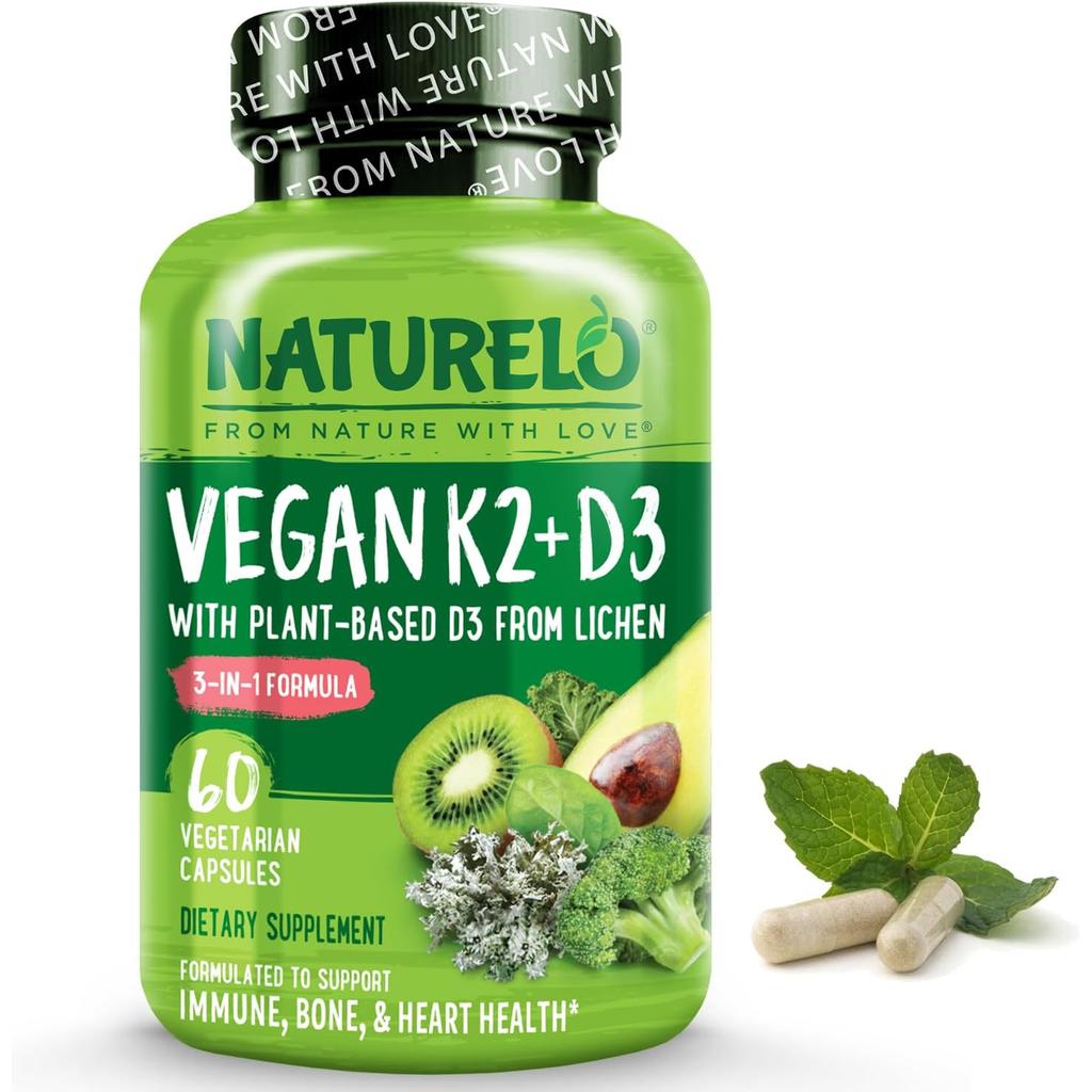 Naturelo Vegan Vitamin K2 D3 Supplements for Bone Health and Immune Support - Plant-Based Formula