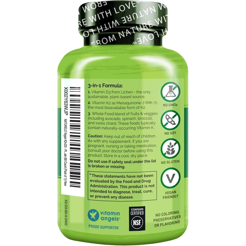 Naturelo vegan vitamin K2 D3 supplements boost bone health and immune support, 100% plant-based, image 2.