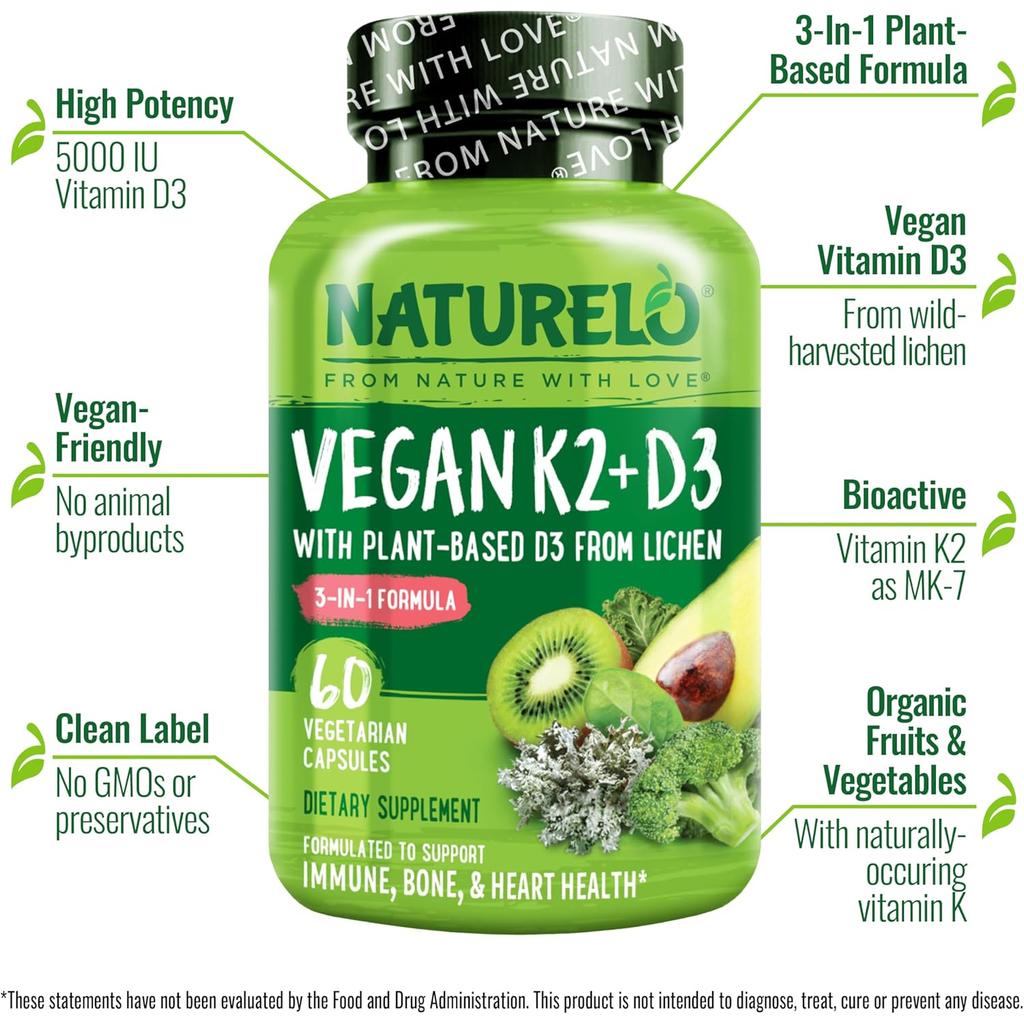 Naturelo vegan vitamin K2 D3 supplements, bone health, immune support, plant-based vitamins, image 4.
