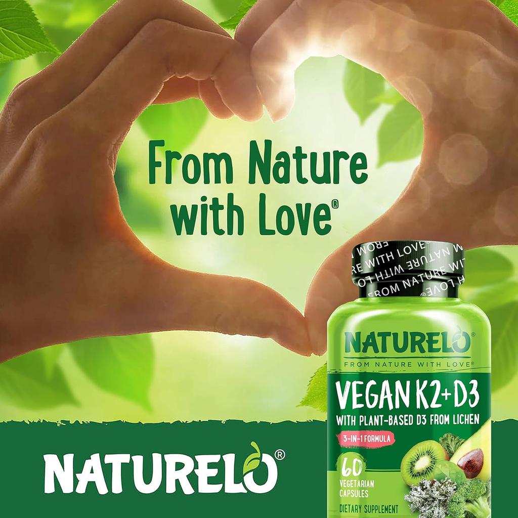 Naturelo vegan vitamin K2 D3 supplements for bone health and immune support, plant-based nutrients, image 6.