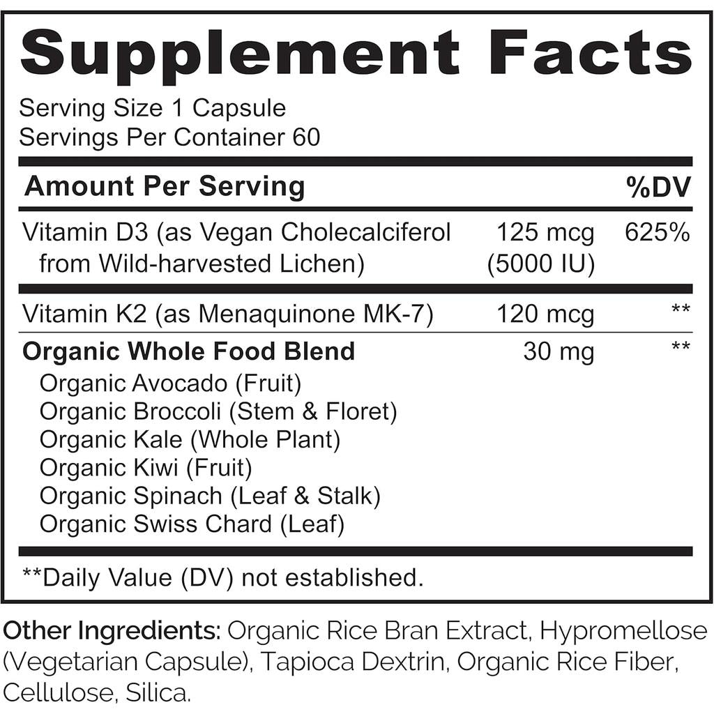 Naturelo vegan vitamin K2 D3 supplements image 7, boosts bone health, supports heart function, plant-based nutrients.