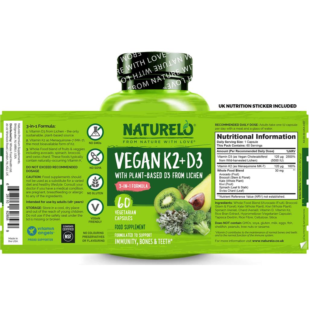 Naturelo vegan vitamin K2 D3 supplements for bone health and immune support, natural plant-based ingredients, image 8.