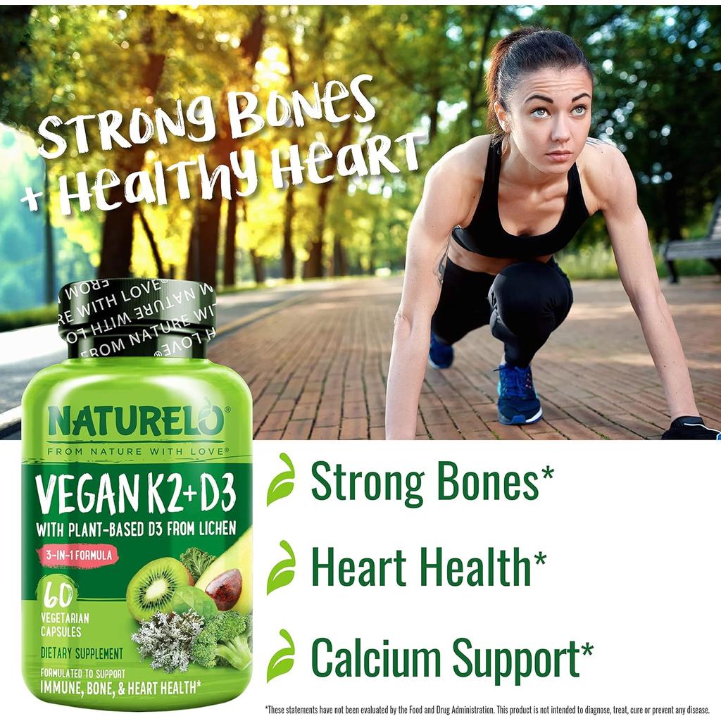 Naturelo vegan vitamin K2 D3 supplements for bone health and immune support, plant-based nutrients, image 9.